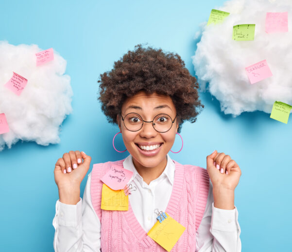 Excited cloud productivity worker.
